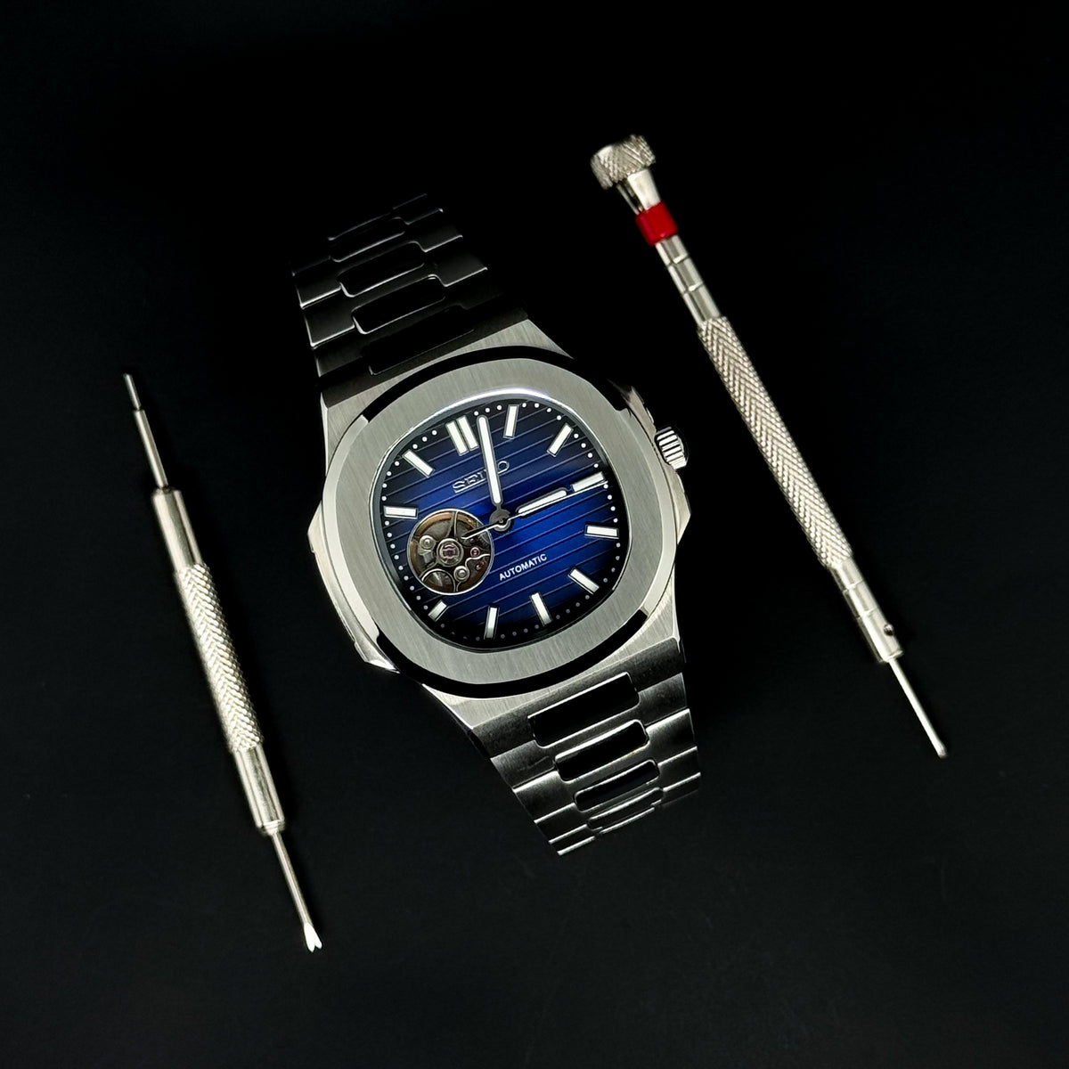 NAUTILUS NAVY BLUE OPEN HEART - CUSTOM SEIKO NH38 AUTOMATIC WATCH