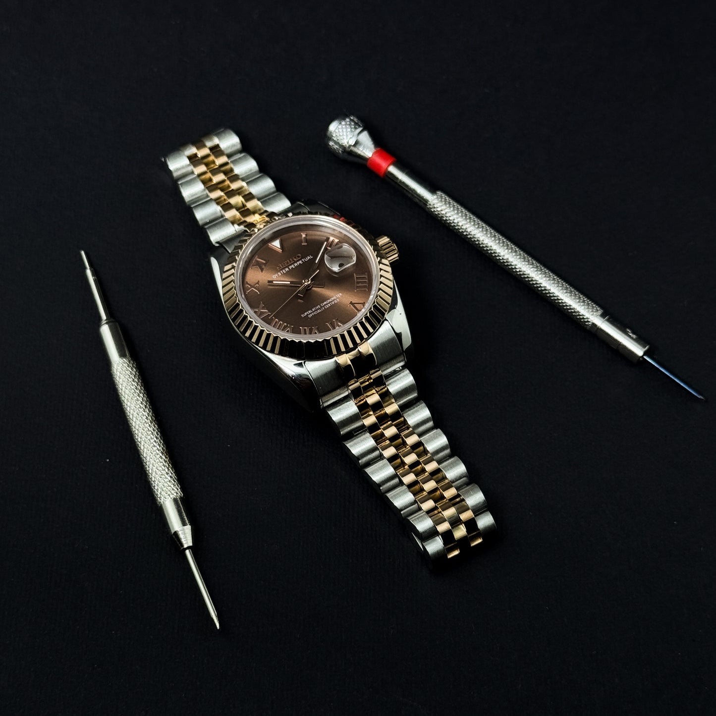 LADY DATEJUST HALF-ROSEGOLD CHOCOLATE ROMAN - CUSTOM SEIKO AUTOMATIC WATCH