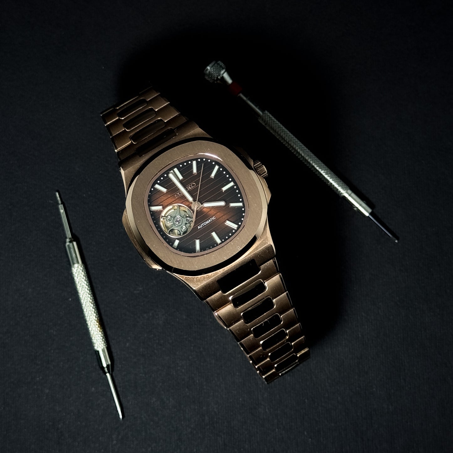 NAUTILUS CHOCOLATE OPEN HEART - CUSTOM SEIKO NH35 AUTOMATIC WATCH