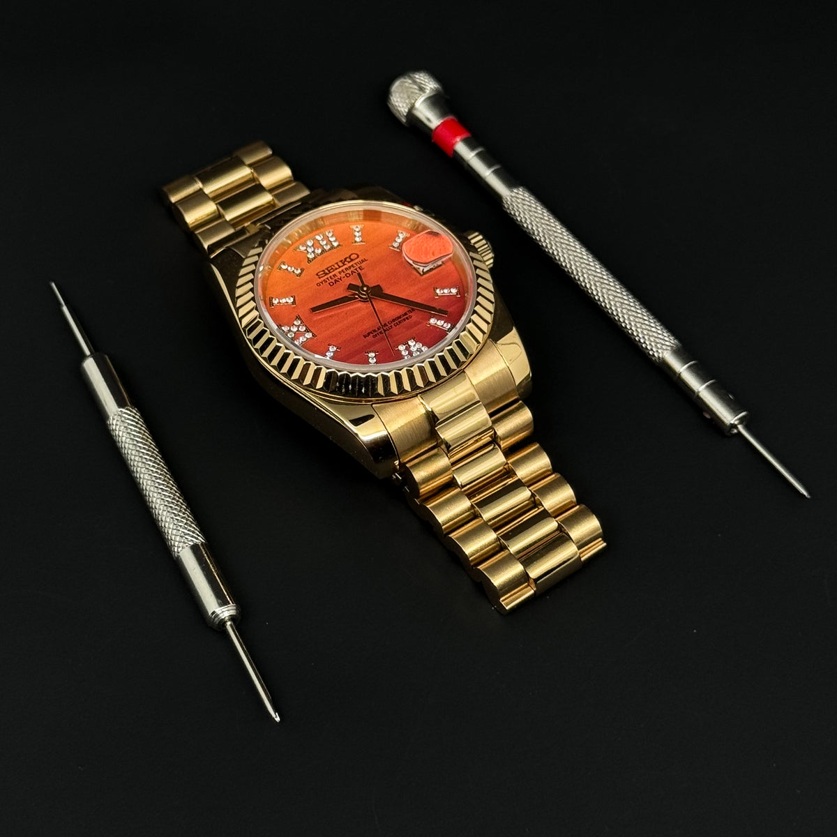 DATEJUST CARNELIAN ORANGE YELLOW GOLD - CUSTOM SEIKO NH35 AUTOMATIC WATCH