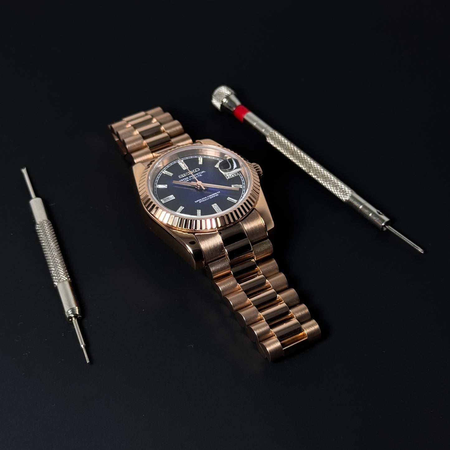 DATEJUST MIDNIGHT BLUE CRYSTALS ROSE GOLD - CUSTOM SEIKO NH35 AUTOMATIC WATCH