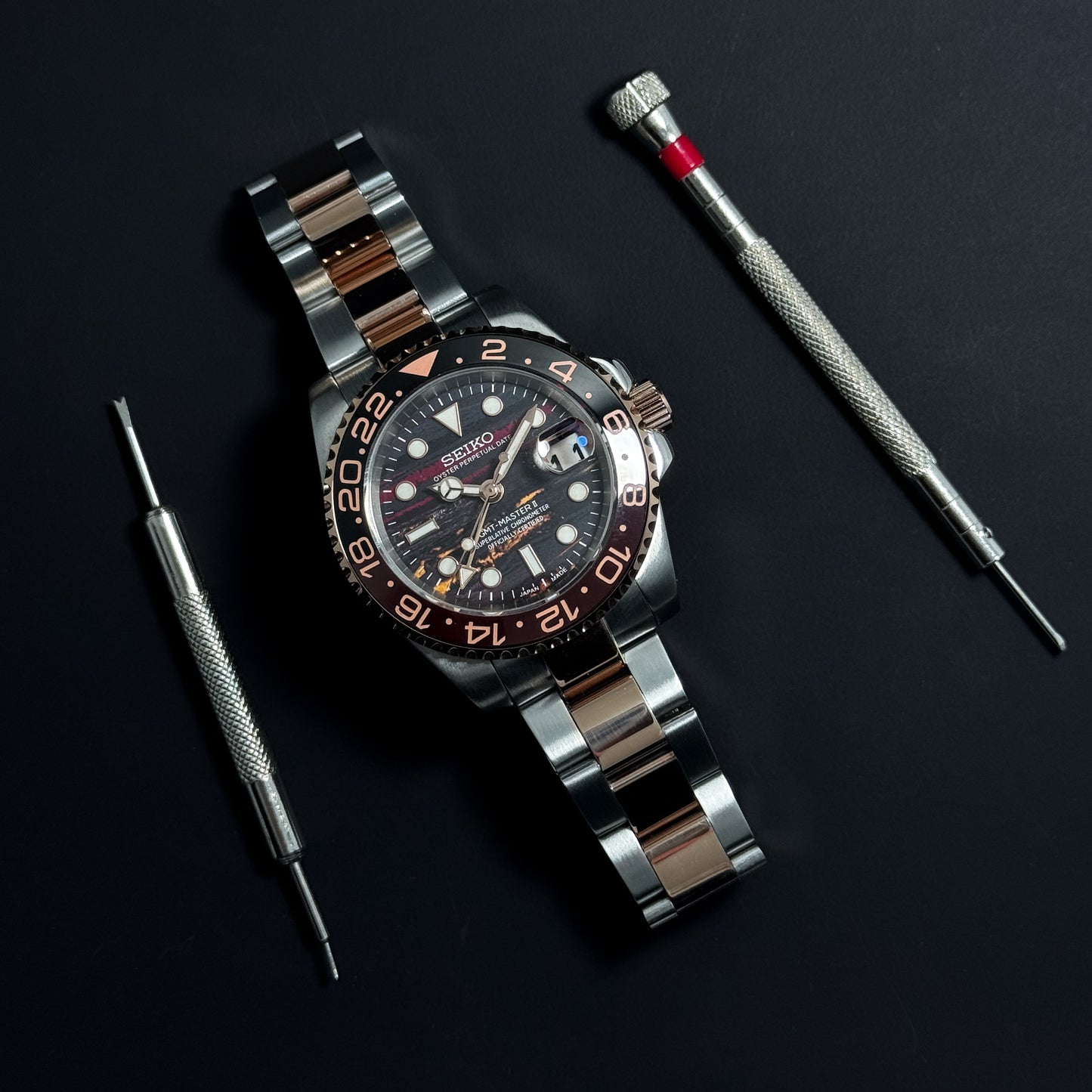 GMT-ROOTBEER TIGER IRON - CUSTOM SEIKO NH34 AUTOMATIC WATCH